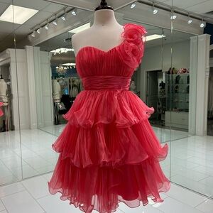 Elegant One-Shoulder Pink Ruffle Dress